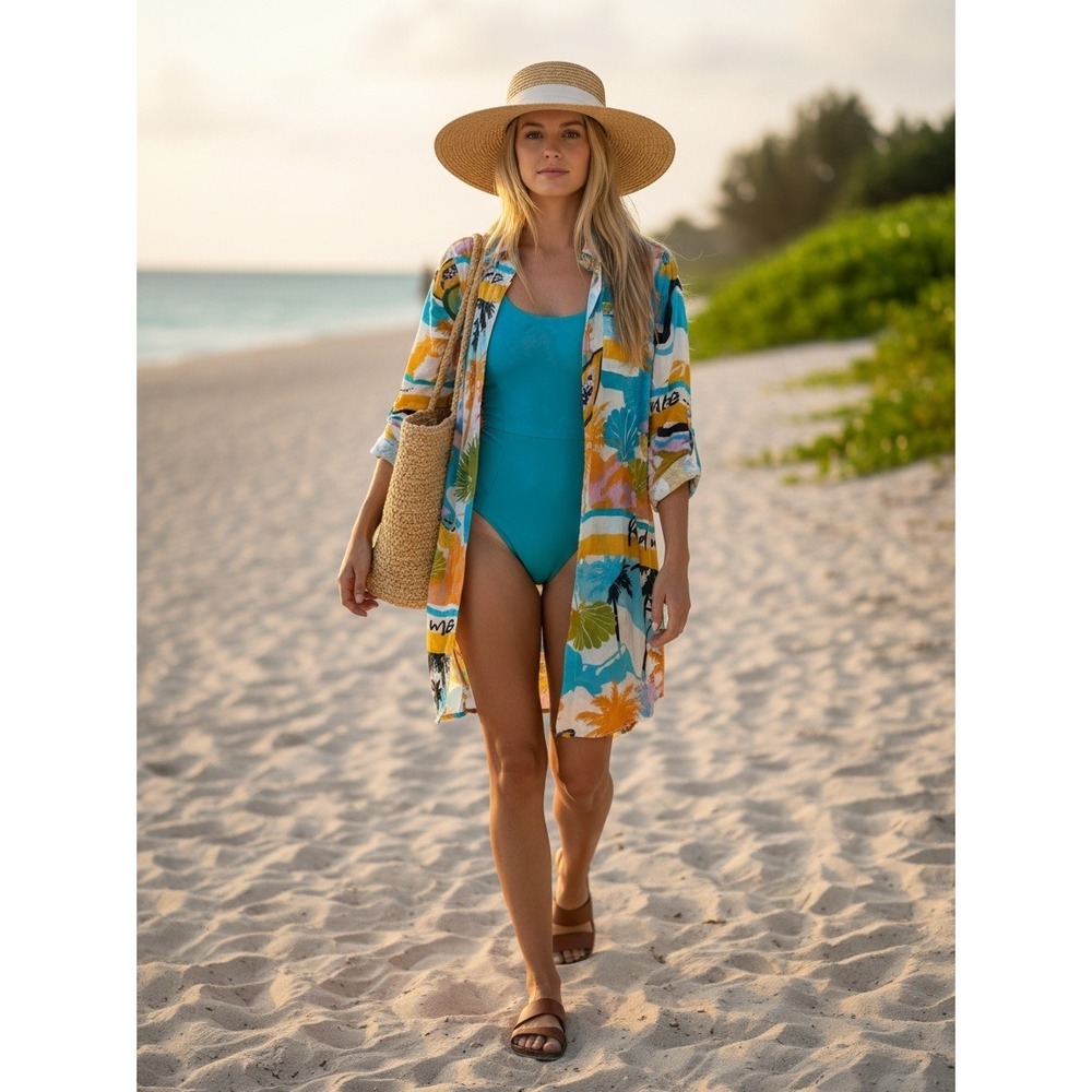 VTG Violet Sky Tropical Palm Tree Aloha Button Front Shirt Dress Coverup L #296D
